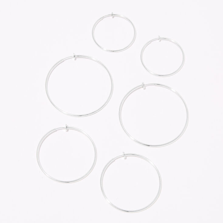 Silver Graduated Clip On Hoop Earrings - 3 Pack,