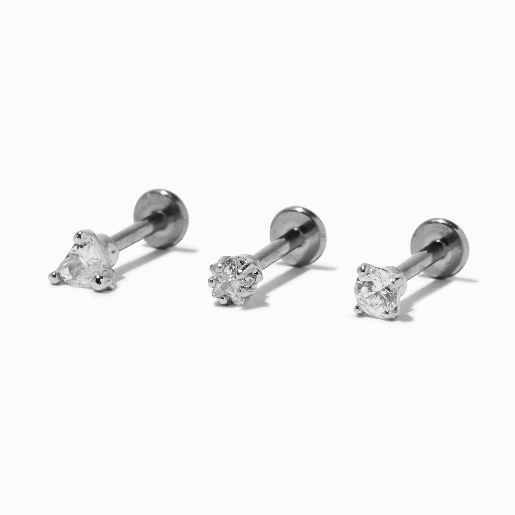 View Claires Titanium Cubic Zirconia 16G Labret Flat Back Studs 3 Pack Silver information