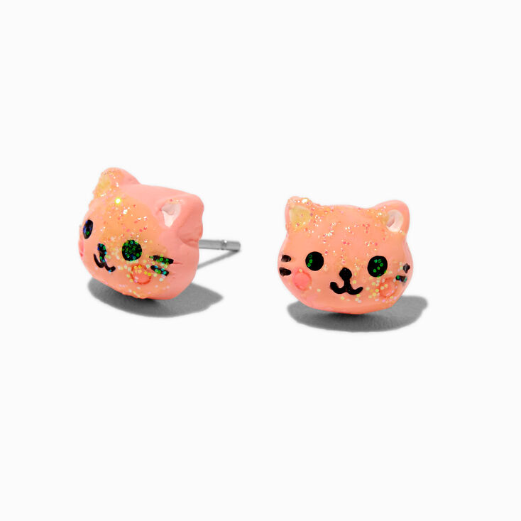 Pink Glitter Cat Face Stud Earrings,