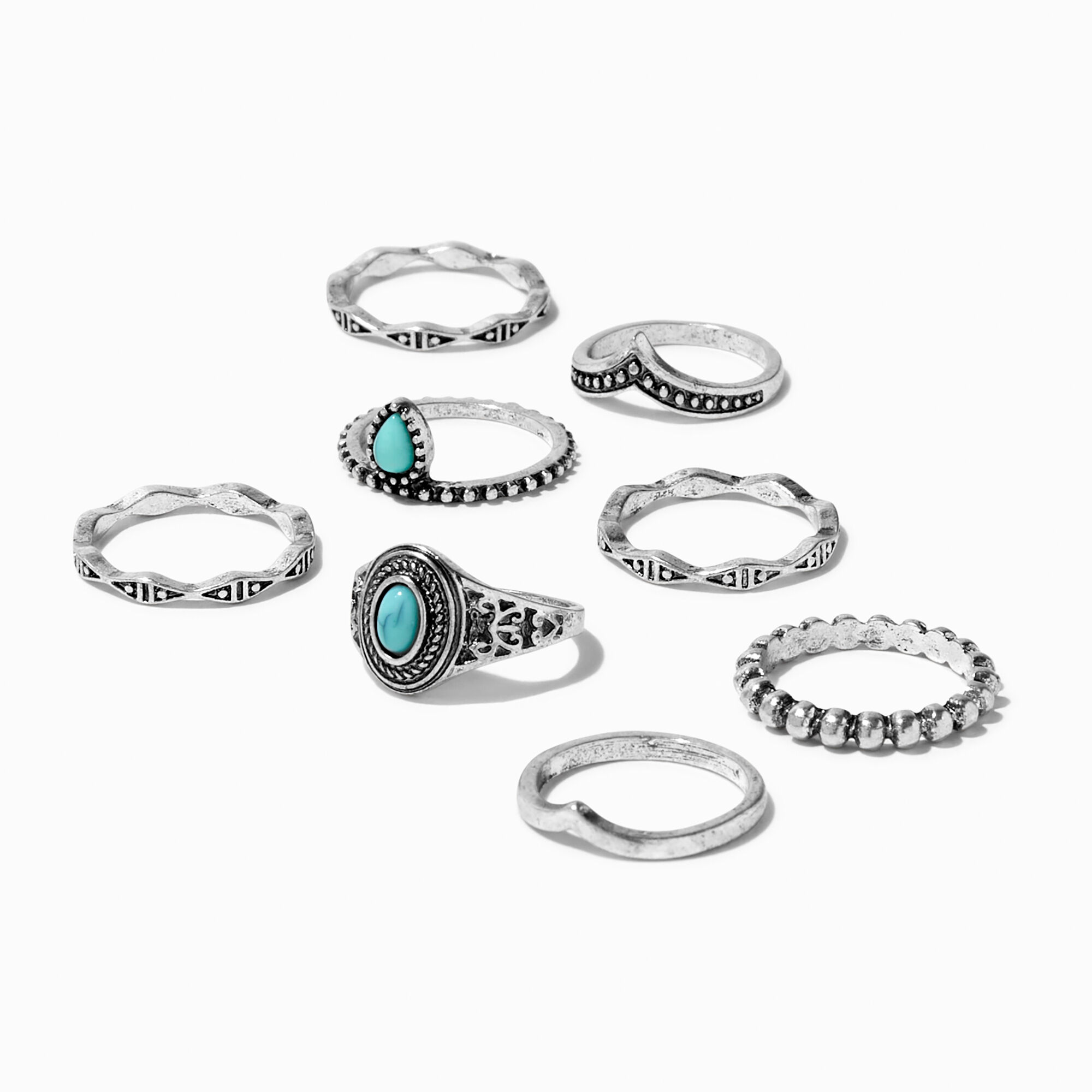 View Claires Stone Silver Filigree Rings 8 Pack Turquoise information