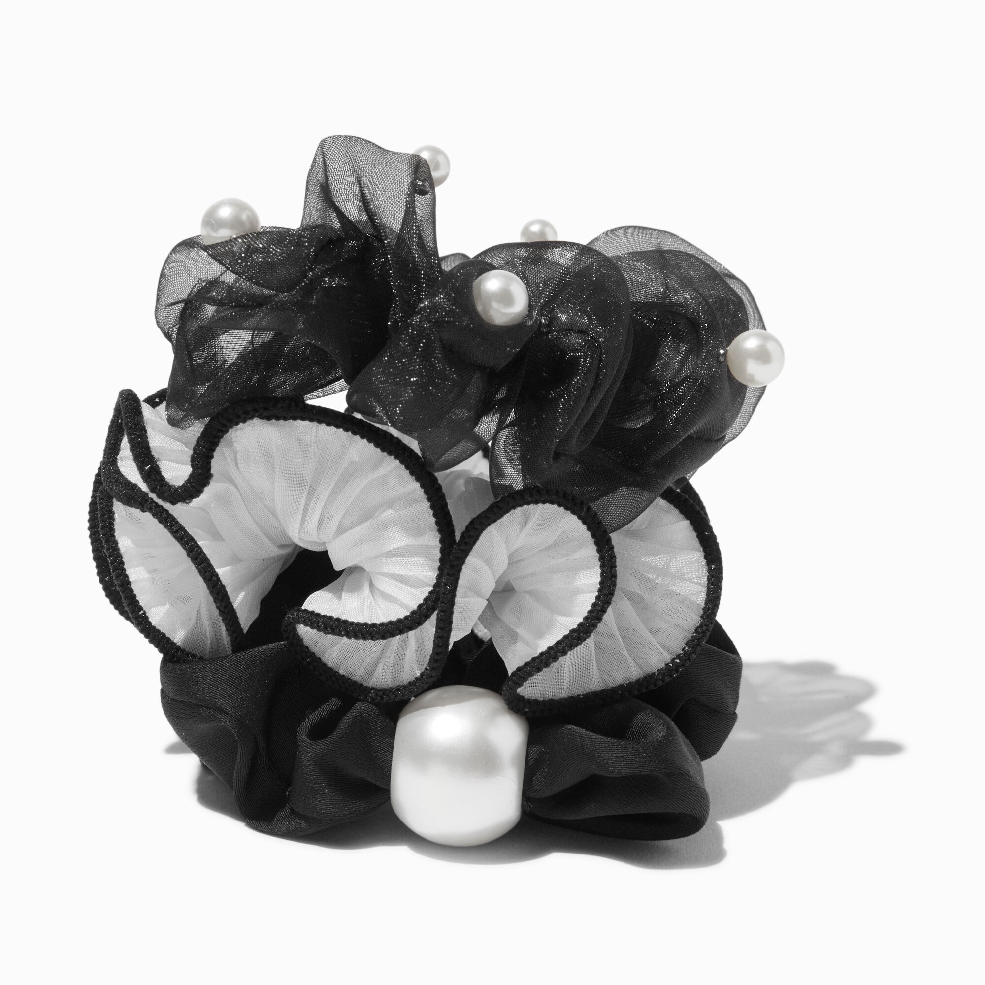 Pearl Accented Black & Cream Hair Scrunchies - 3 Pack,