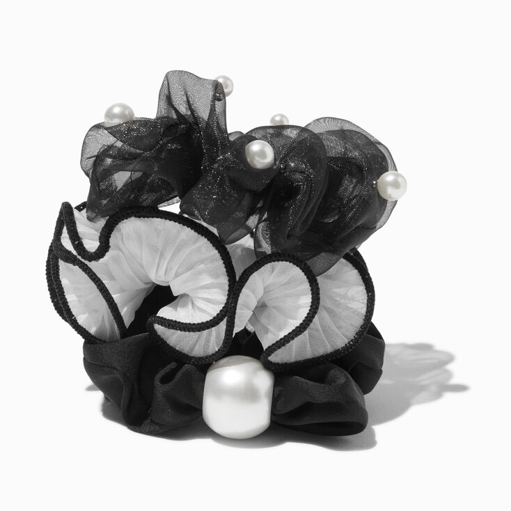 Pearl Accented Black &amp; Cream Hair Scrunchies - 3 Pack,