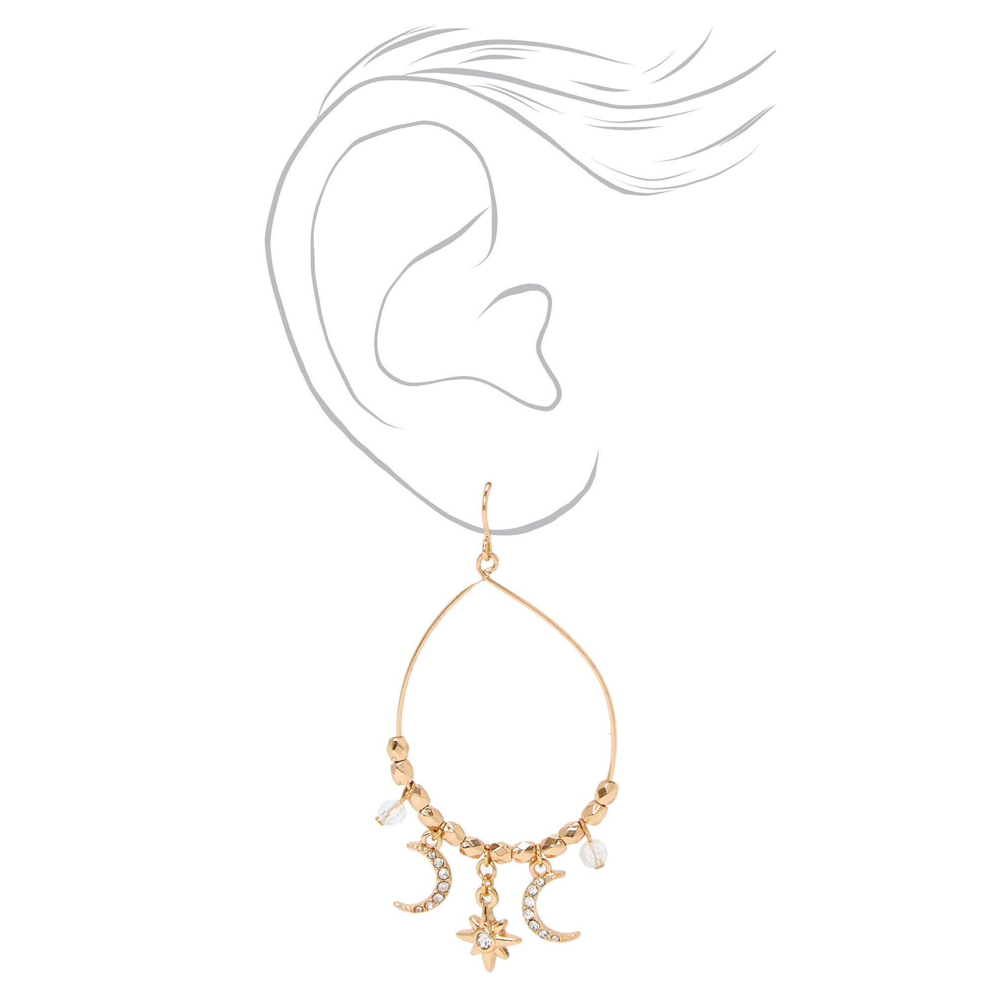 Gold 2" Moon and Stars Teardrop Drop Earrings,