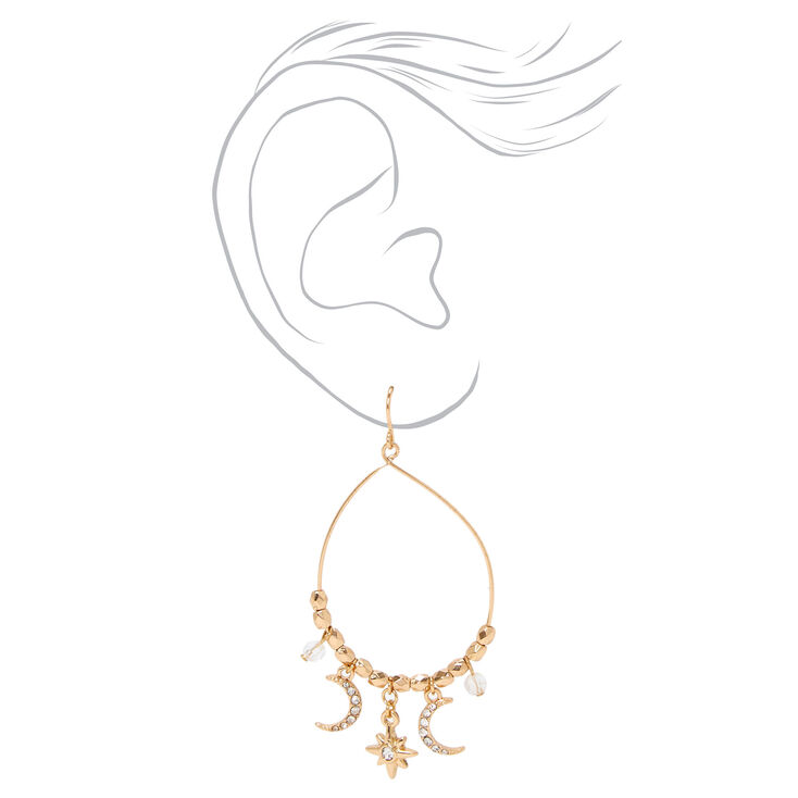 Gold 2&quot; Moon and Stars Teardrop Drop Earrings,