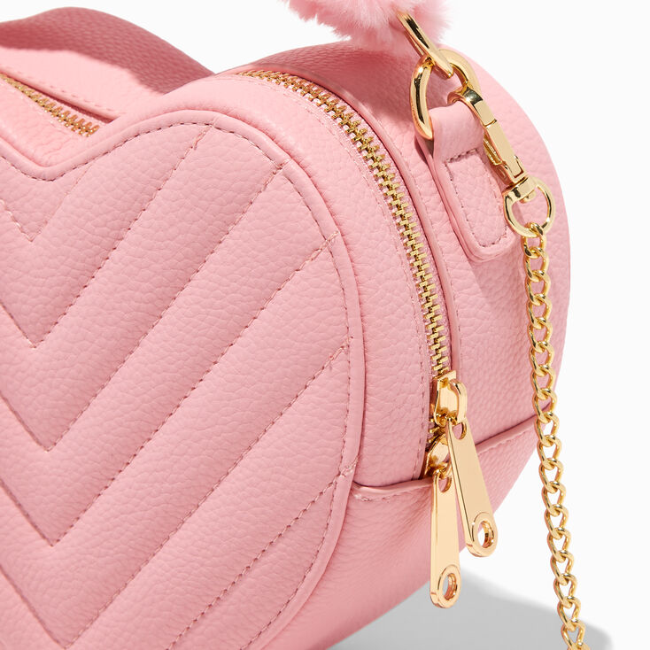 Faux Fur Handle Quilted Pink Heart Crossbody Bag,