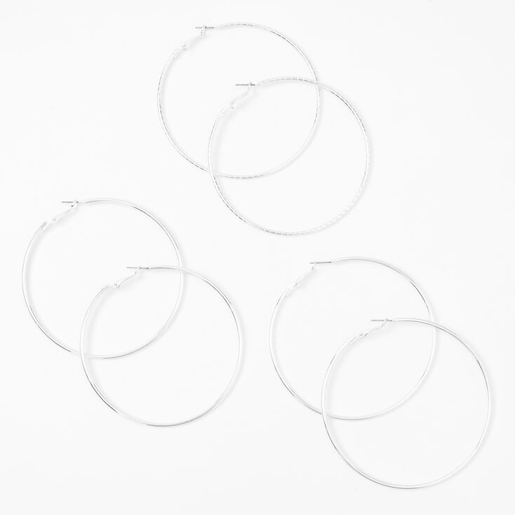 Silver Textured Hoop Earrings - 70MM, 75MM, 80MM,