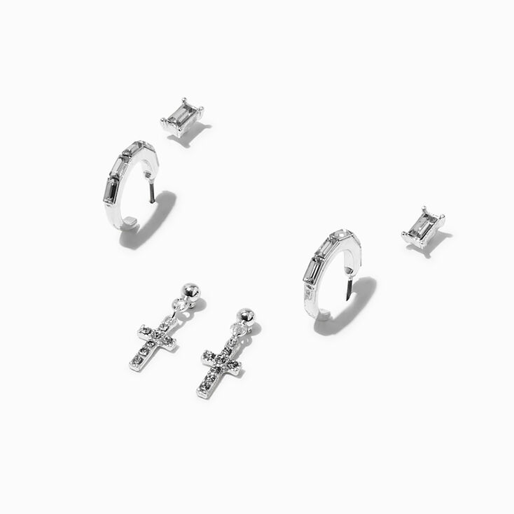 Silver-tone Cross Crystal Baguette Earring Stackables - 3 Pack,