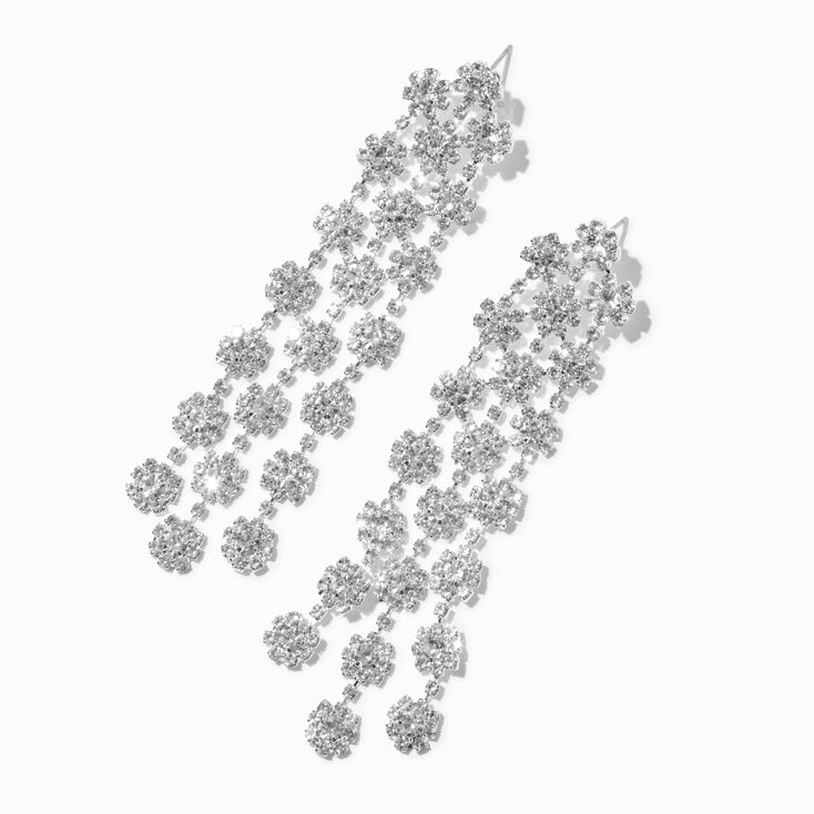 Silver-tone 3-Row Rhinestone Halo 3.5&quot; Drop Earrings,