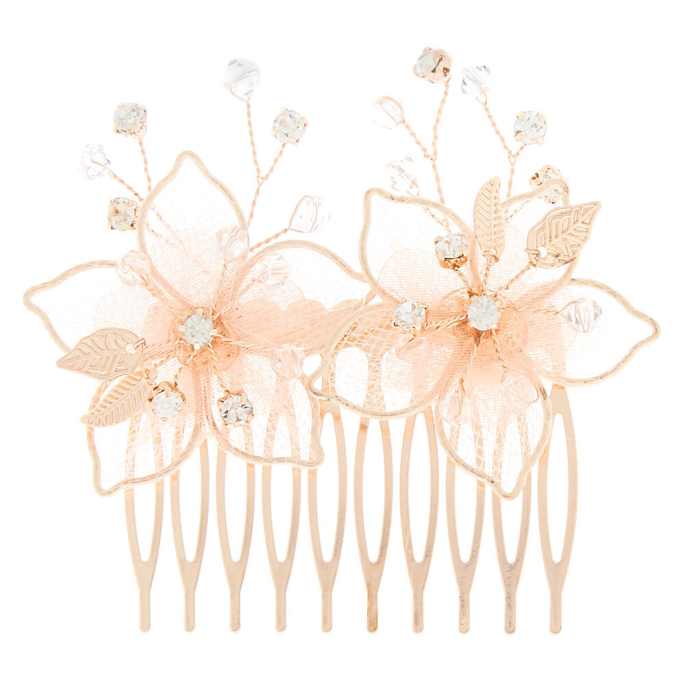 Rose Gold Organza Flower Hair Comb - Pink,