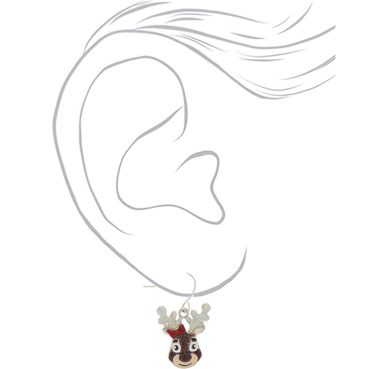 Silver 1&quot; Glitter Reindeer Drop Earrings,