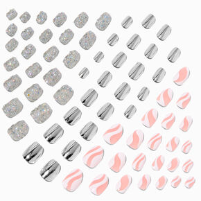 Bling Silver Mixed Press On Vegan Faux Nail Set - 3 Pack,