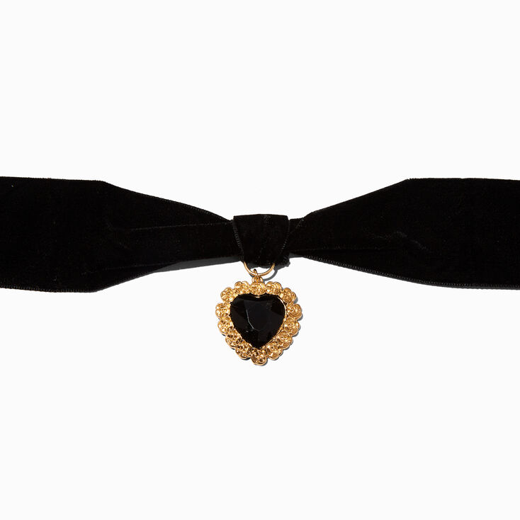 Gold-tone Heart Black Velvet Bow Choker Necklace,