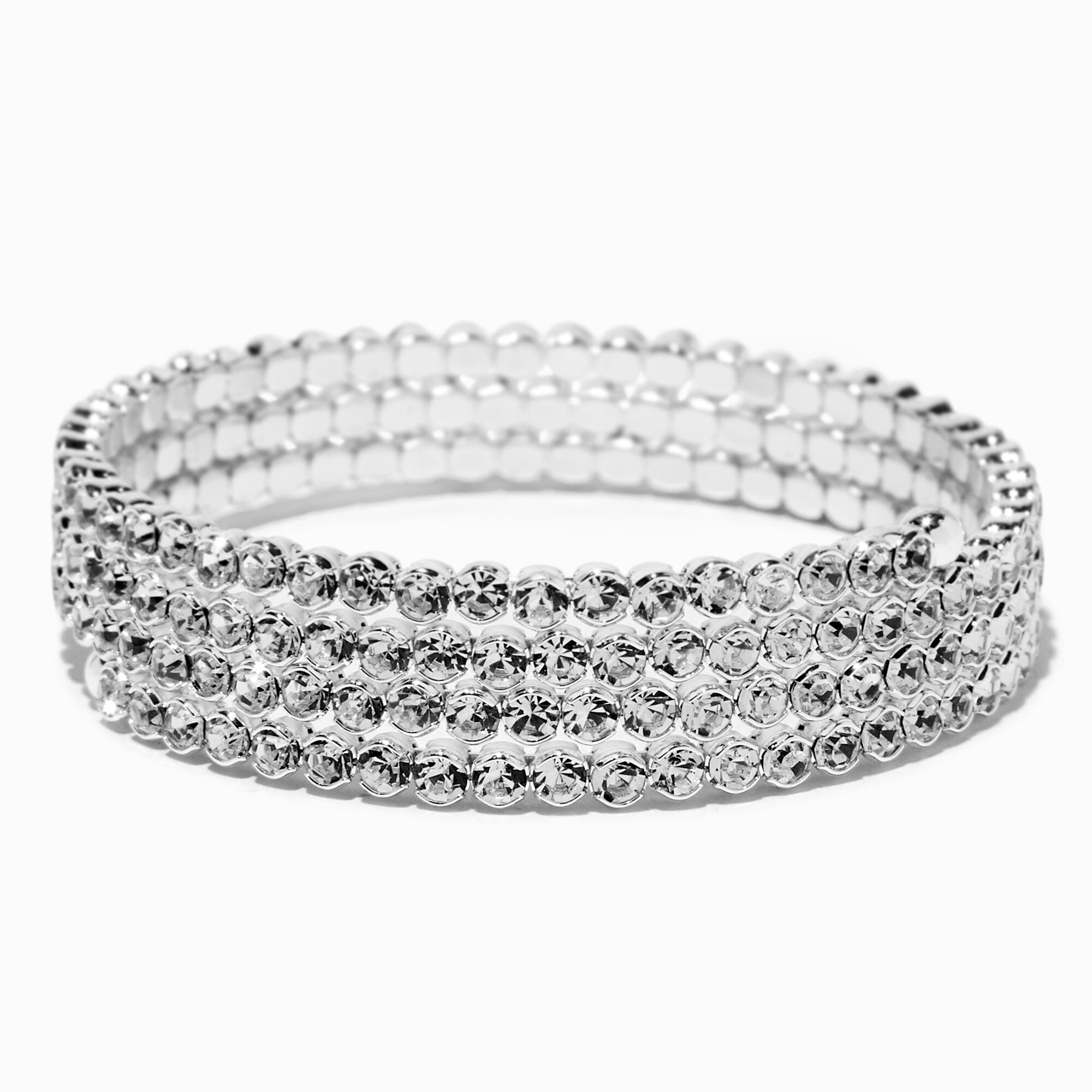 View Claires Tone Rhinestone Bevel Coil Bracelet Silver information