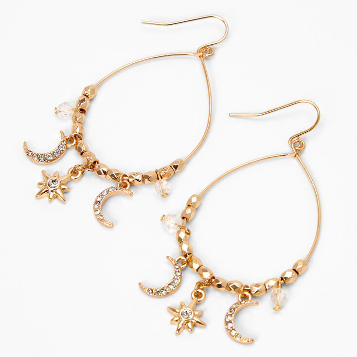 Gold 2&quot; Moon and Stars Teardrop Drop Earrings,