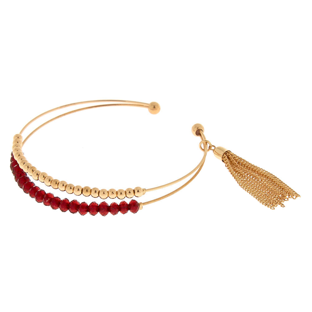 Gold Beaded Tassel Cuff Bracelet - Red,