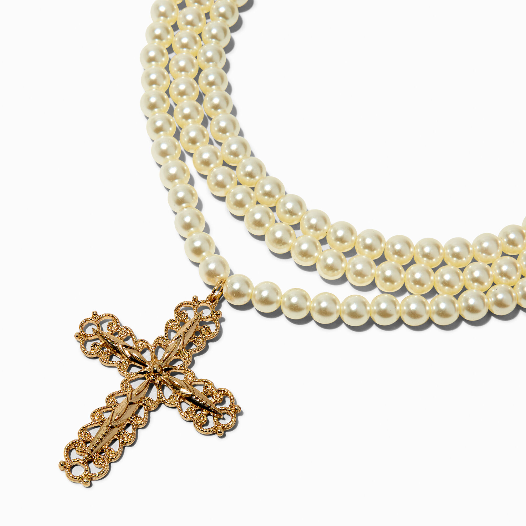 View Claires Tone Ornate Cross Pendant Faux Pearl MultiStrand Necklace Gold information