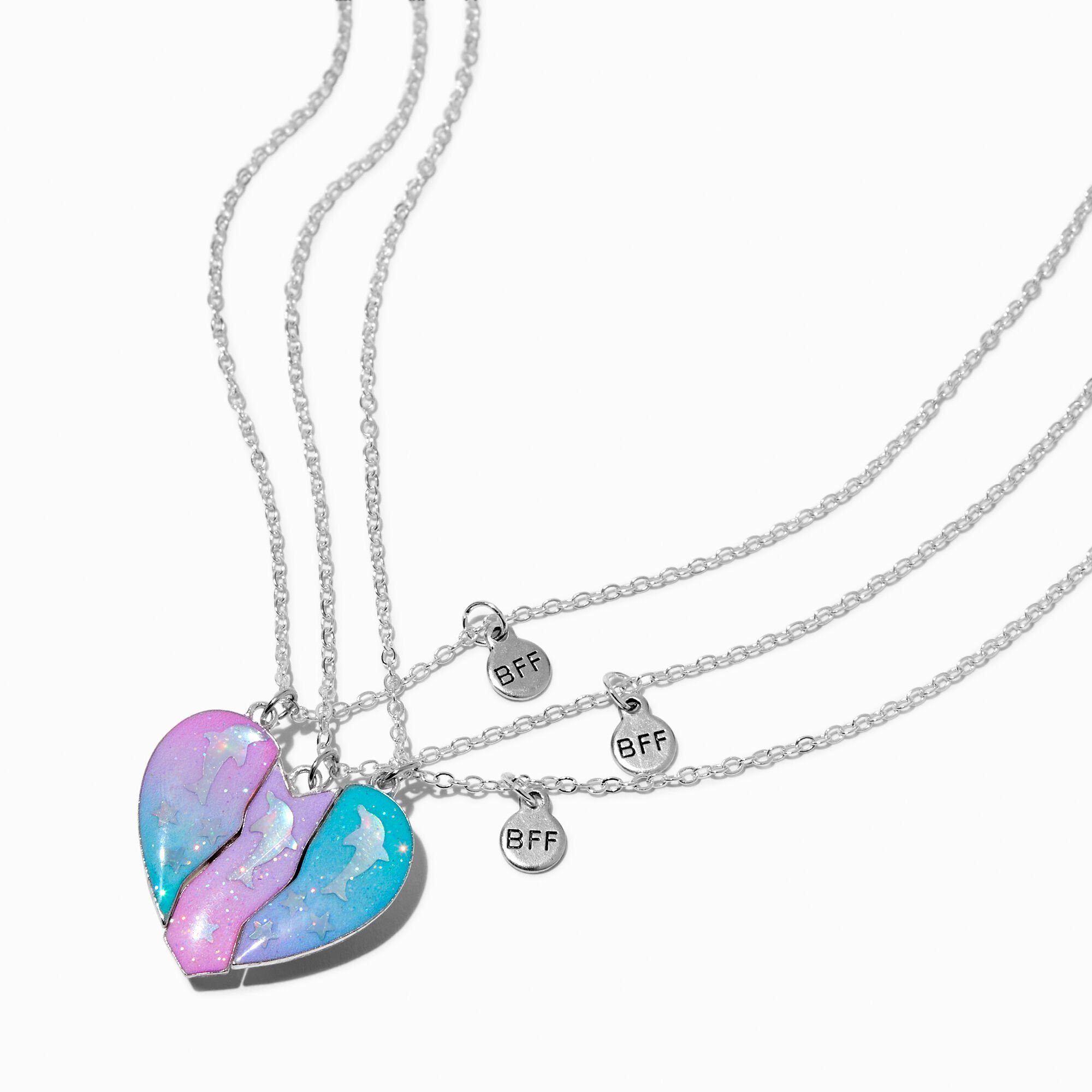View Claires Best Friends Dolphin Ombre Heart Pendant Necklaces 3 Pack Silver information