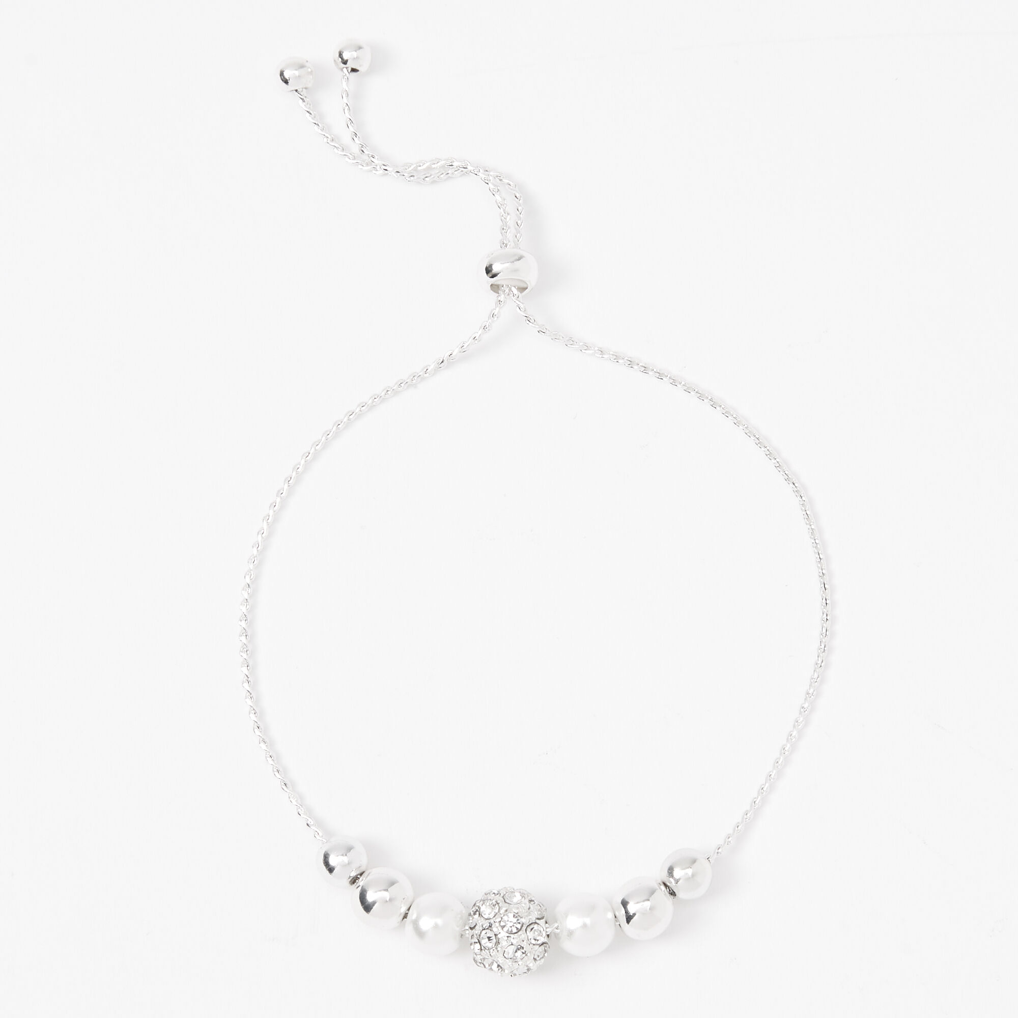 Silver Crystal Fireball & Pearl Bolo Bracelet,