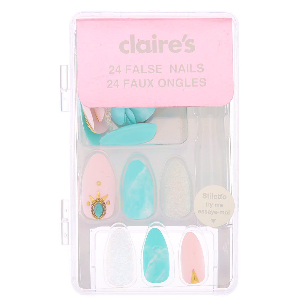 3D Glitter Marble Stiletto Faux Nail Set - 24 Pack,