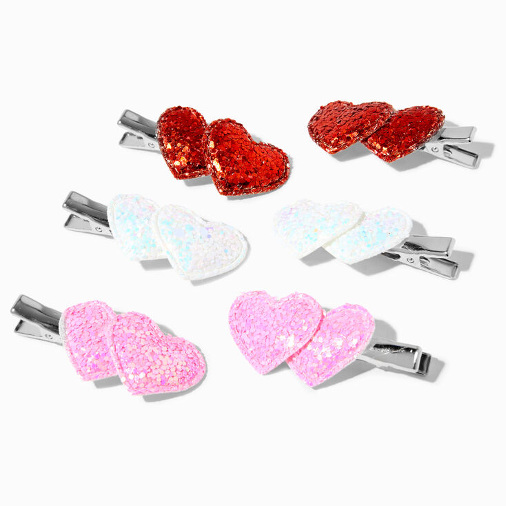 Valentine&#39;s Day Glitter Hearts Hair Clips - 6 Pack,
