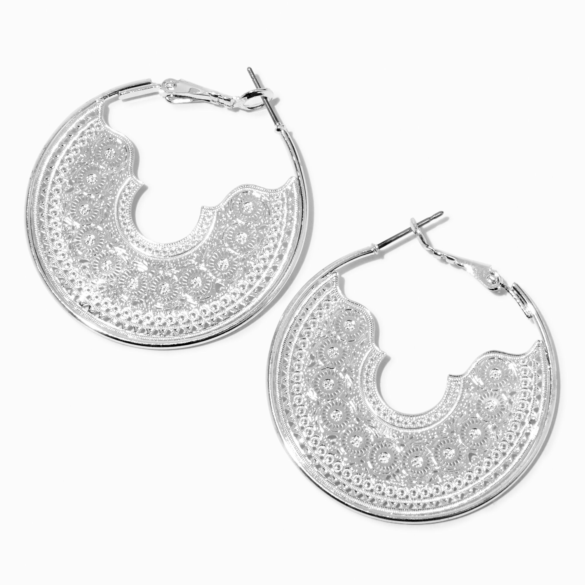 View Claires Tone 40MM Delicate Filigree Hoop Earrings Silver information