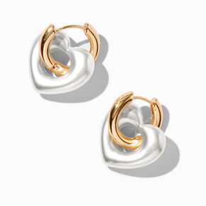 Gold-tone &amp; Pearl Puffy Heart Hoop Earrings,