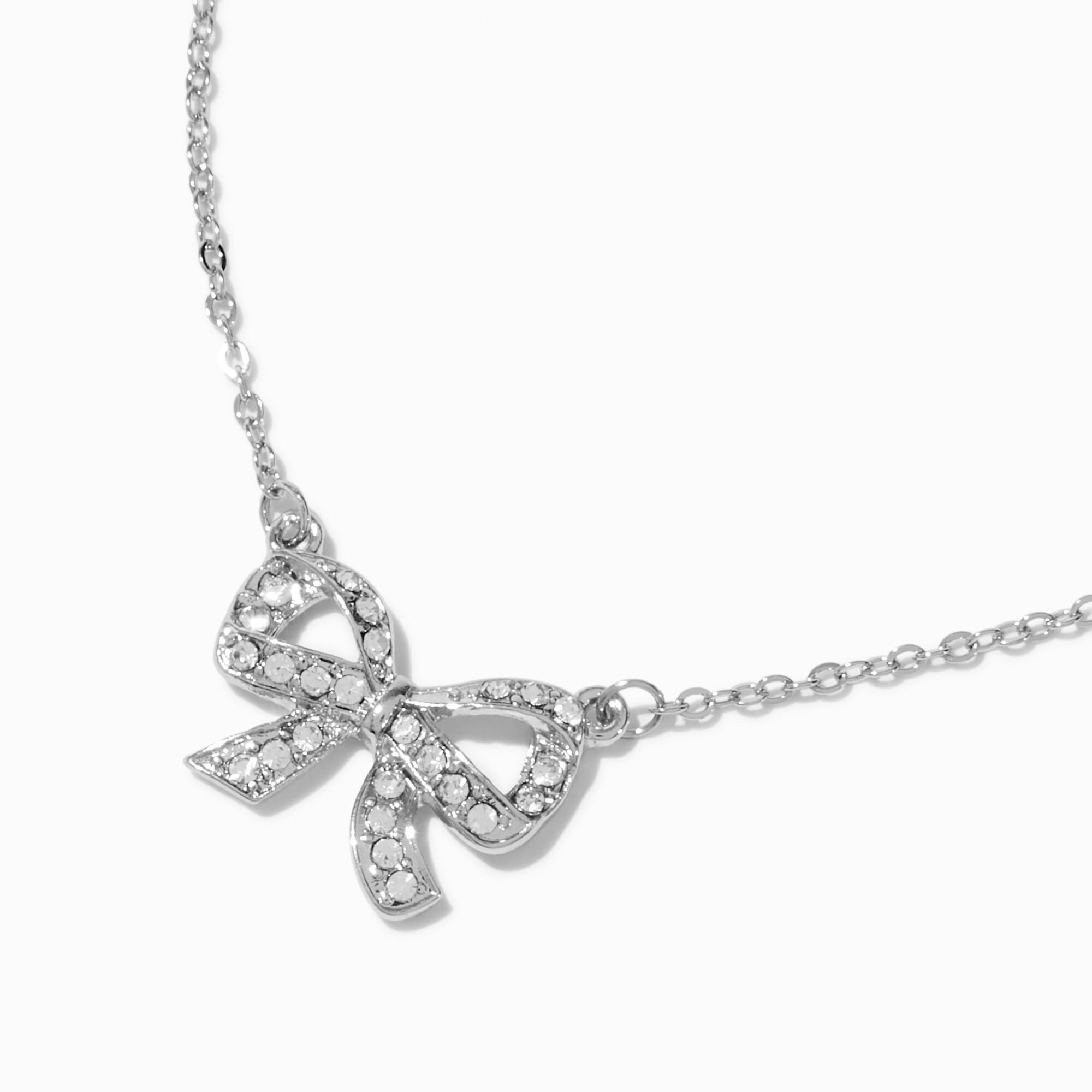 Silver-tone Crystal Bow Pendant Necklace,