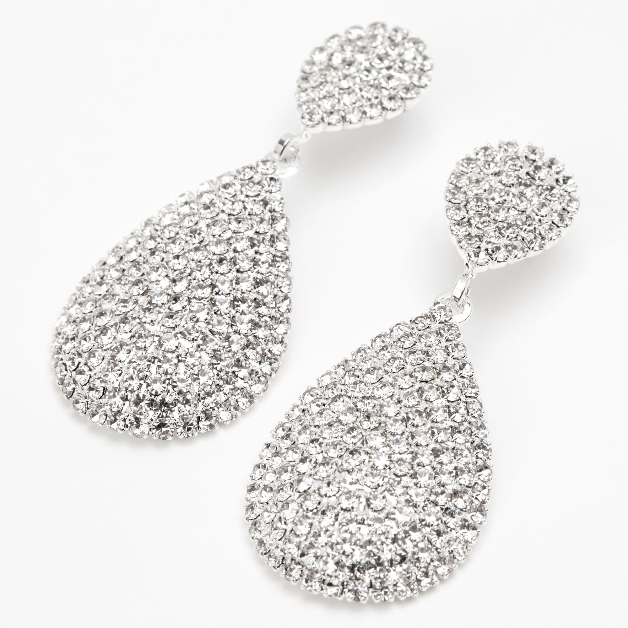 Silver 1.5" Pave Teardrop Drop Earrings,
