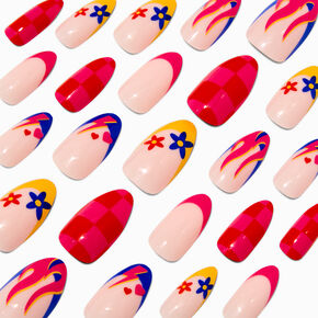 Red Check &amp; Floral Icon Stiletto Vegan Faux Nail Set - 24 Pack,