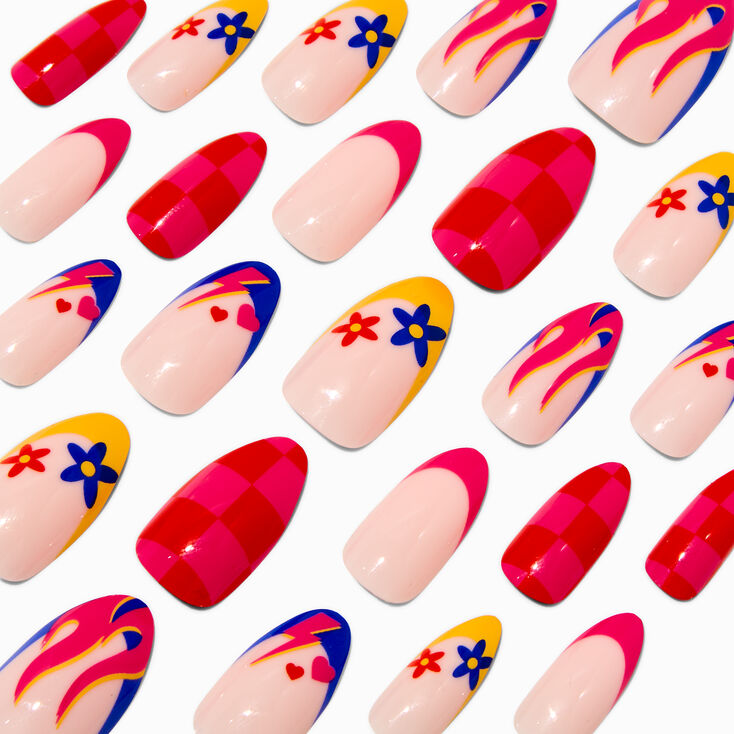 Red Check &amp; Floral Icon Stiletto Vegan Faux Nail Set - 24 Pack,
