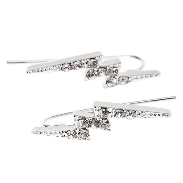 Silver 1&quot; Embellished Lightning Bolt Ear Crawler Earrings,