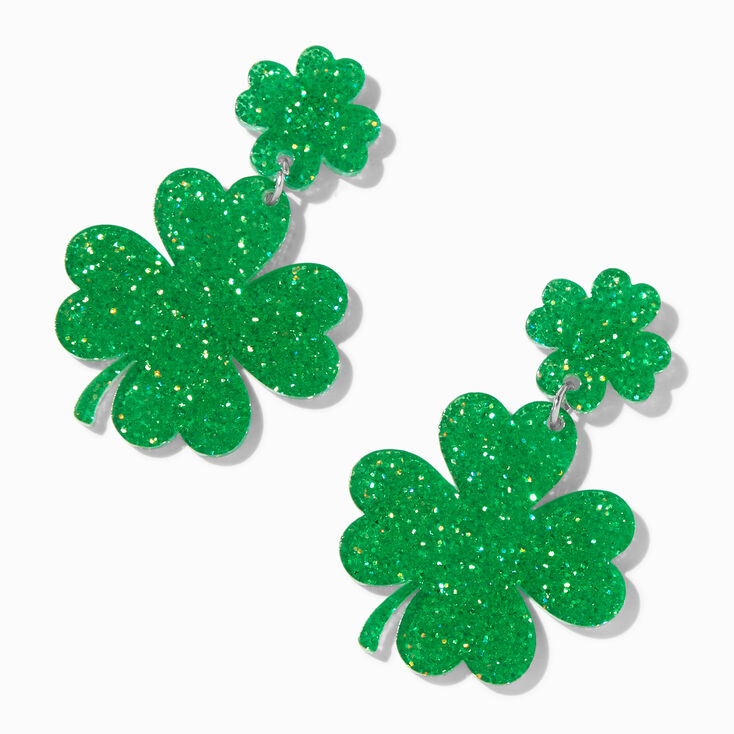 Double Shamrock Glitter Drop Earrings,