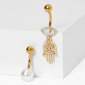 Gold-tone Hamsa Hand &amp; Pearl 14G Belly Rings - 2 Pack,
