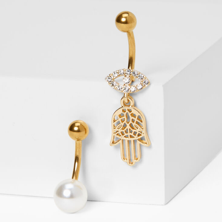 Gold-tone Hamsa Hand &amp; Pearl 14G Belly Rings - 2 Pack,