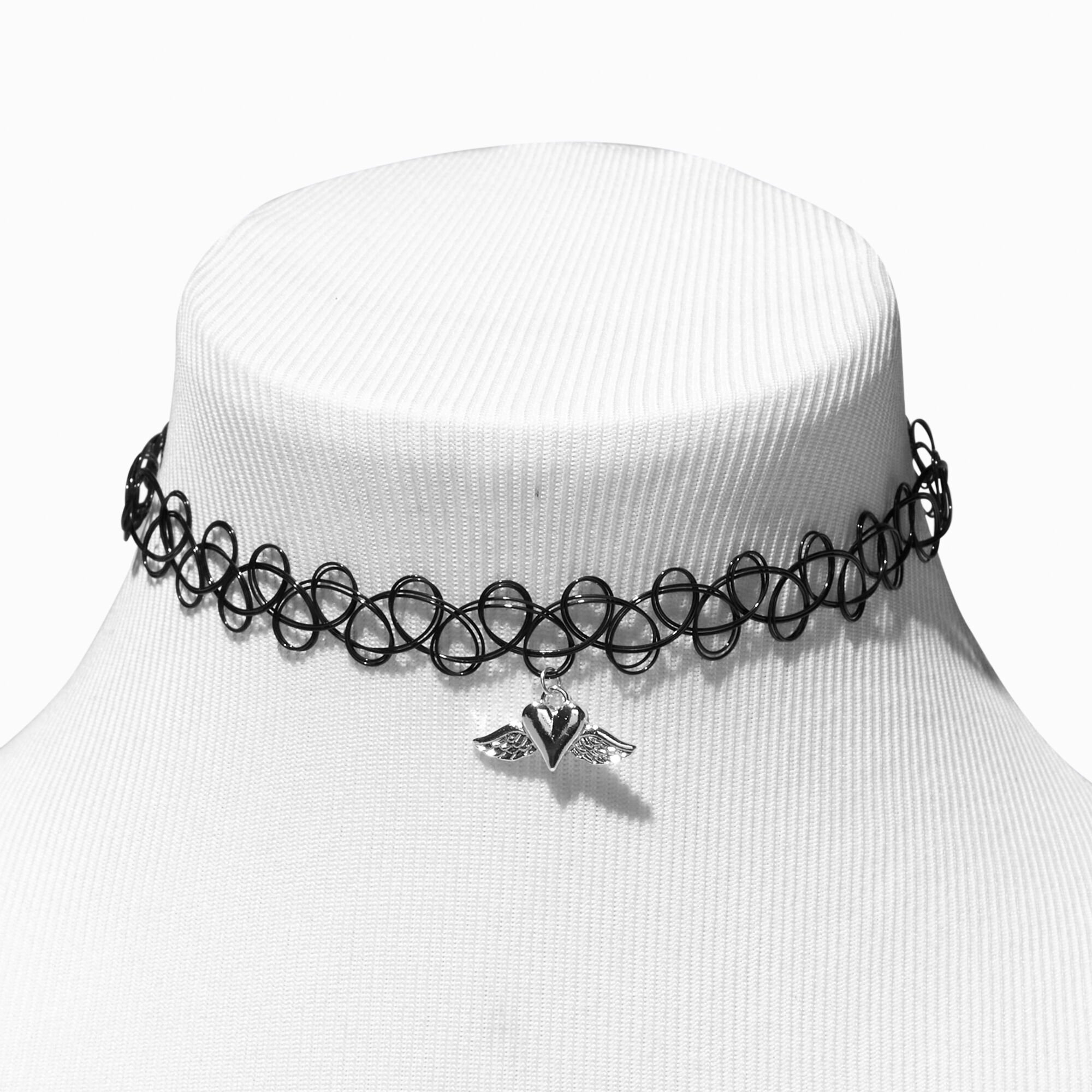 View Claires Silver Heart Angel Wing Pendant Tattoo Choker Necklace Black information