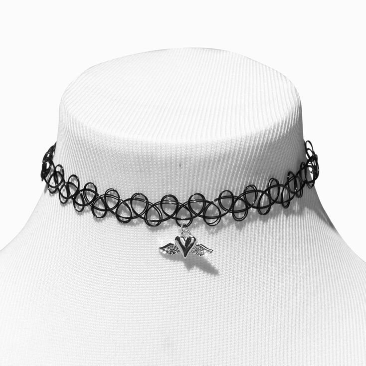 Silver Heart Angel Wing Pendant Black Tattoo Choker Necklace,