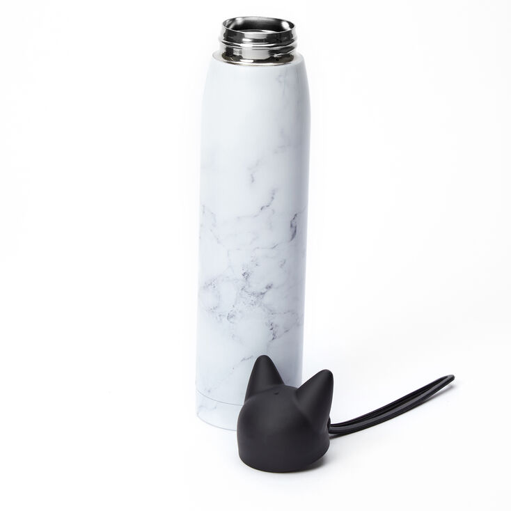 Cat Ears Marble Print Metal Water Bottle - White,