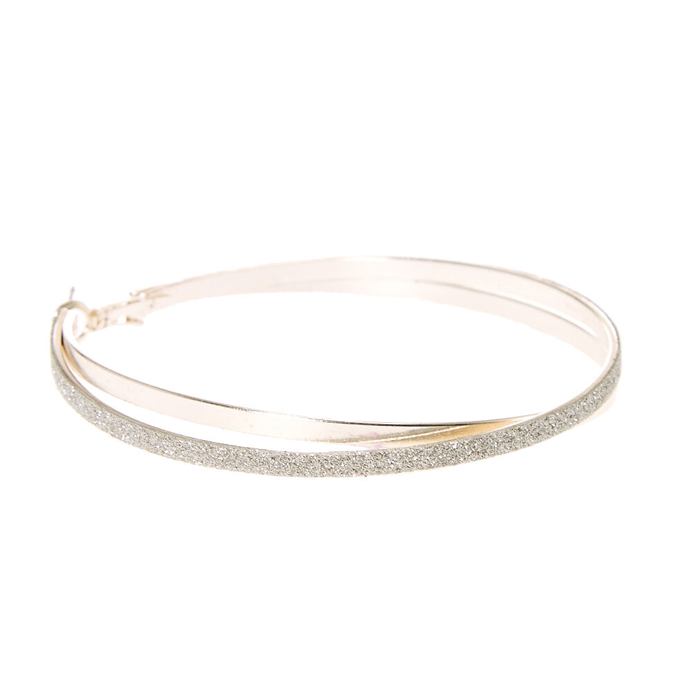 Silver 70MM Criss Cross Glitter Hoop Earrings,