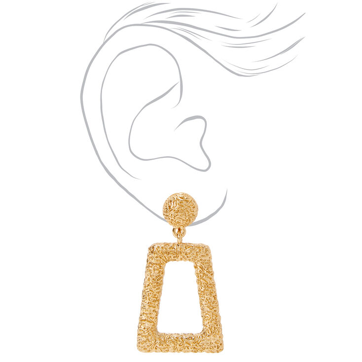 Gold 2&quot; Rectangle Textured Clip On Drop Earrings,