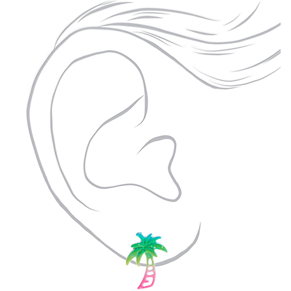 Silver Glitter Rainbow Palm Tree Stud Earrings,