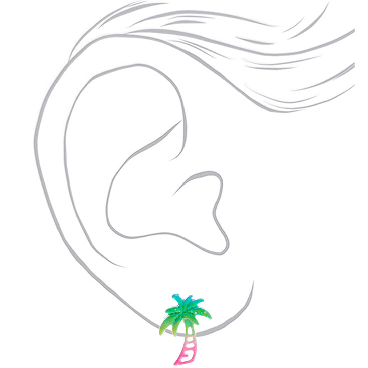 Clous d&#39;oreilles en forme de palmier arc-en-ciel paillet&eacute; couleur argent&eacute;e,