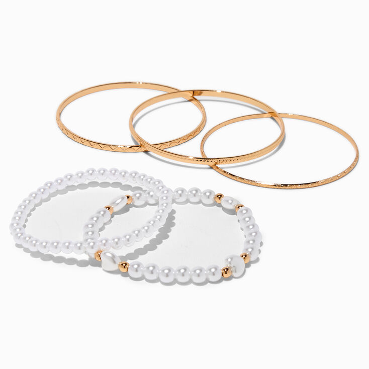 Pearl Heart &amp; Gold-tone Textured Bangle Bracelets - 5 Pack ,