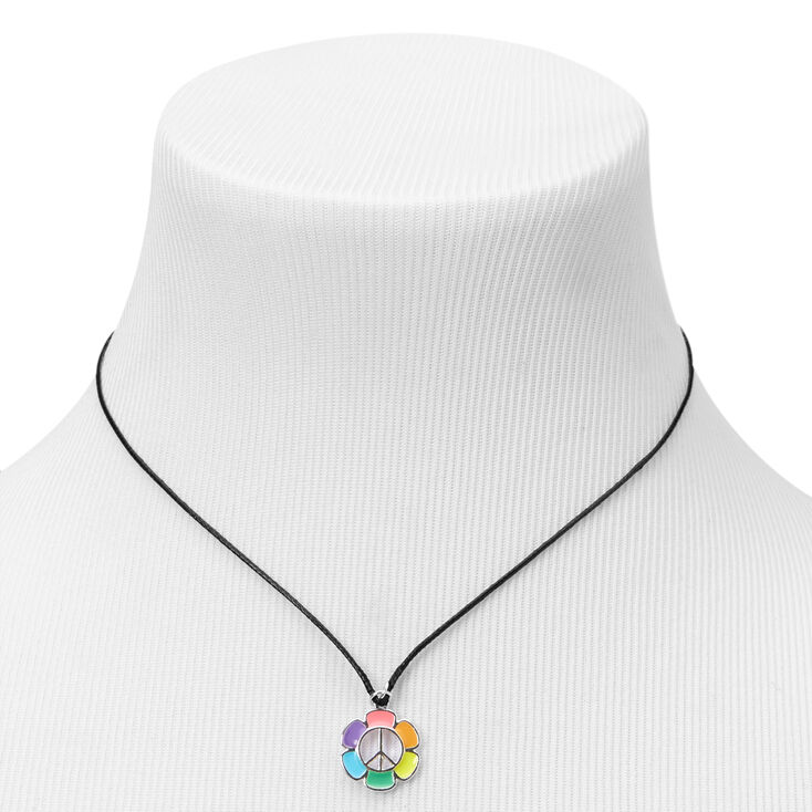 Rainbow Daisy Peace Sign Pendant Cord Necklace,