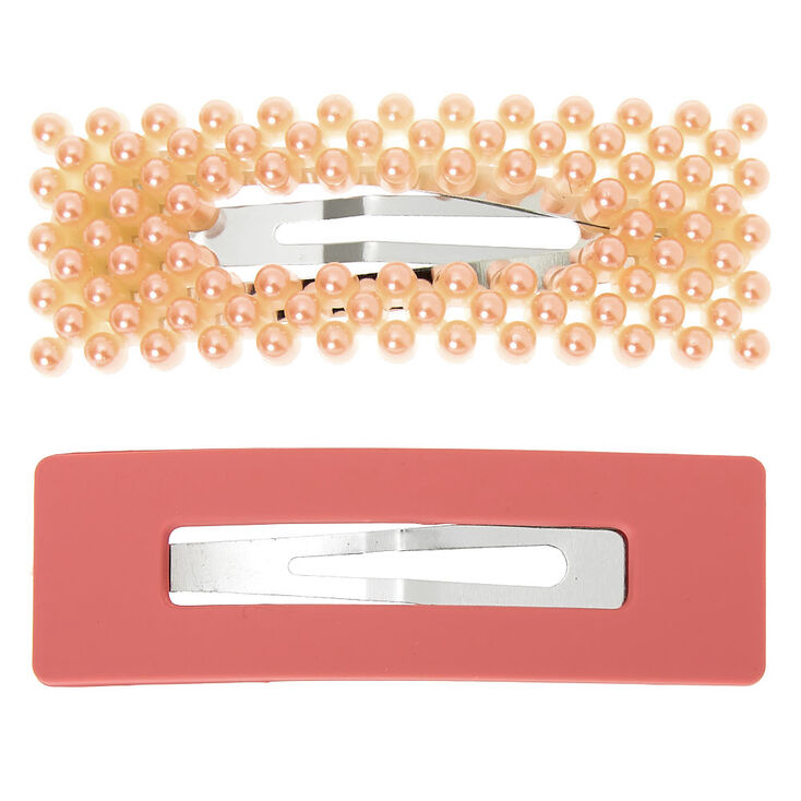 Claire's Barrettes clic clac rectangulaires avec perles d’imitation fini mat - Rose tendre, lot de 2