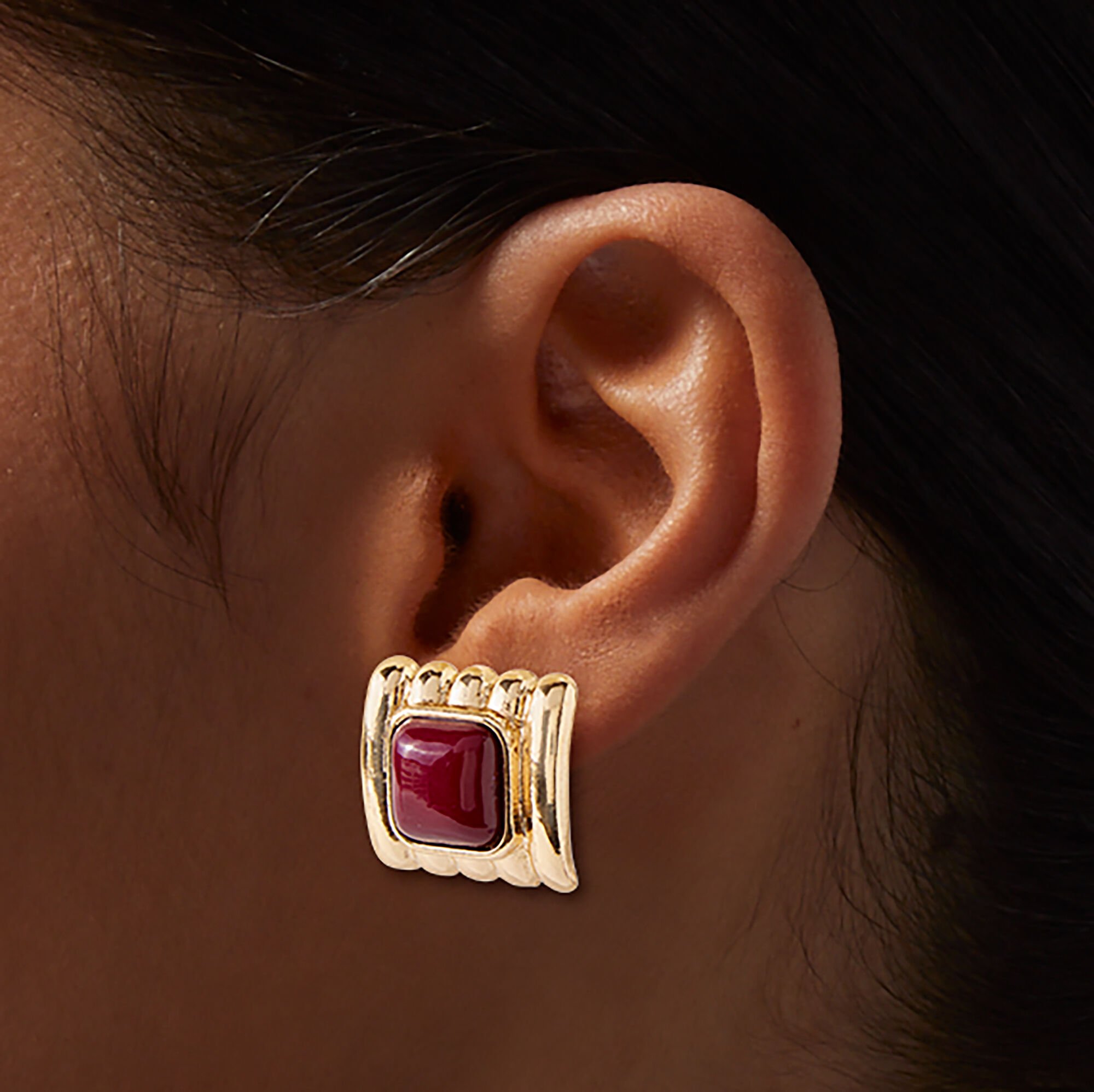 Burgundy Center Gold-tone Stud Earrings,
