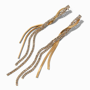 Gold-tone Herringbone &amp; Crystal 4&quot; Linear Drop Earrings,