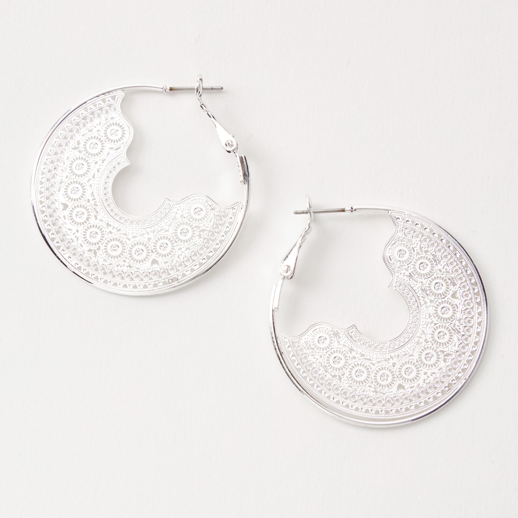 View Claires Tone 40MM Delicate Filigree Hoop Earrings Silver information