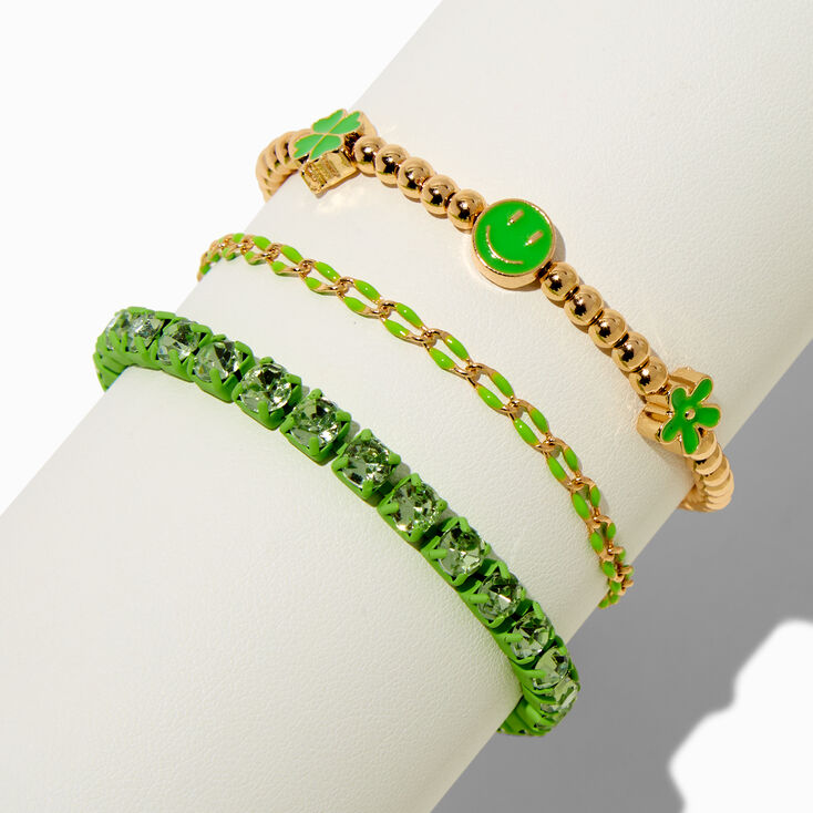 Green Enamel Heart Clover Bracelet Set - 3 Pack,