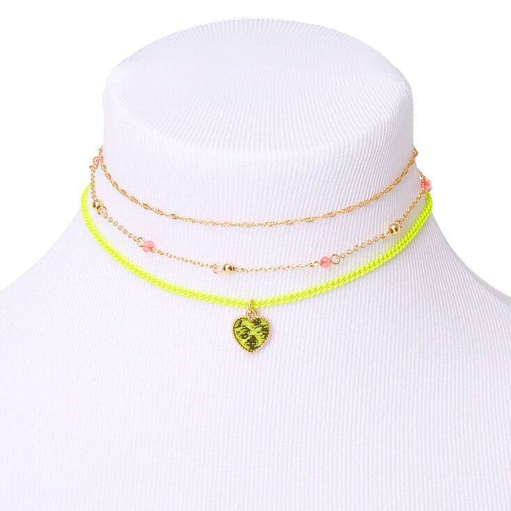 Claire's Ras-du-cou cœur peau de serpent couleur dorée - Jaune fluo, lot de 3