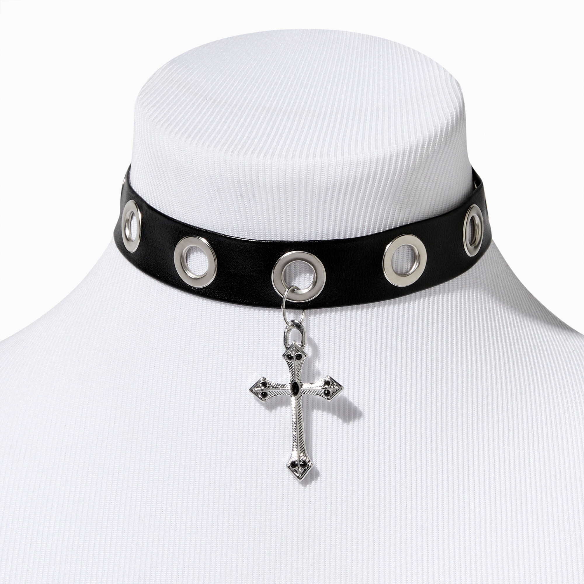 Black Grommet Silver Cross Choker Necklace Claire s